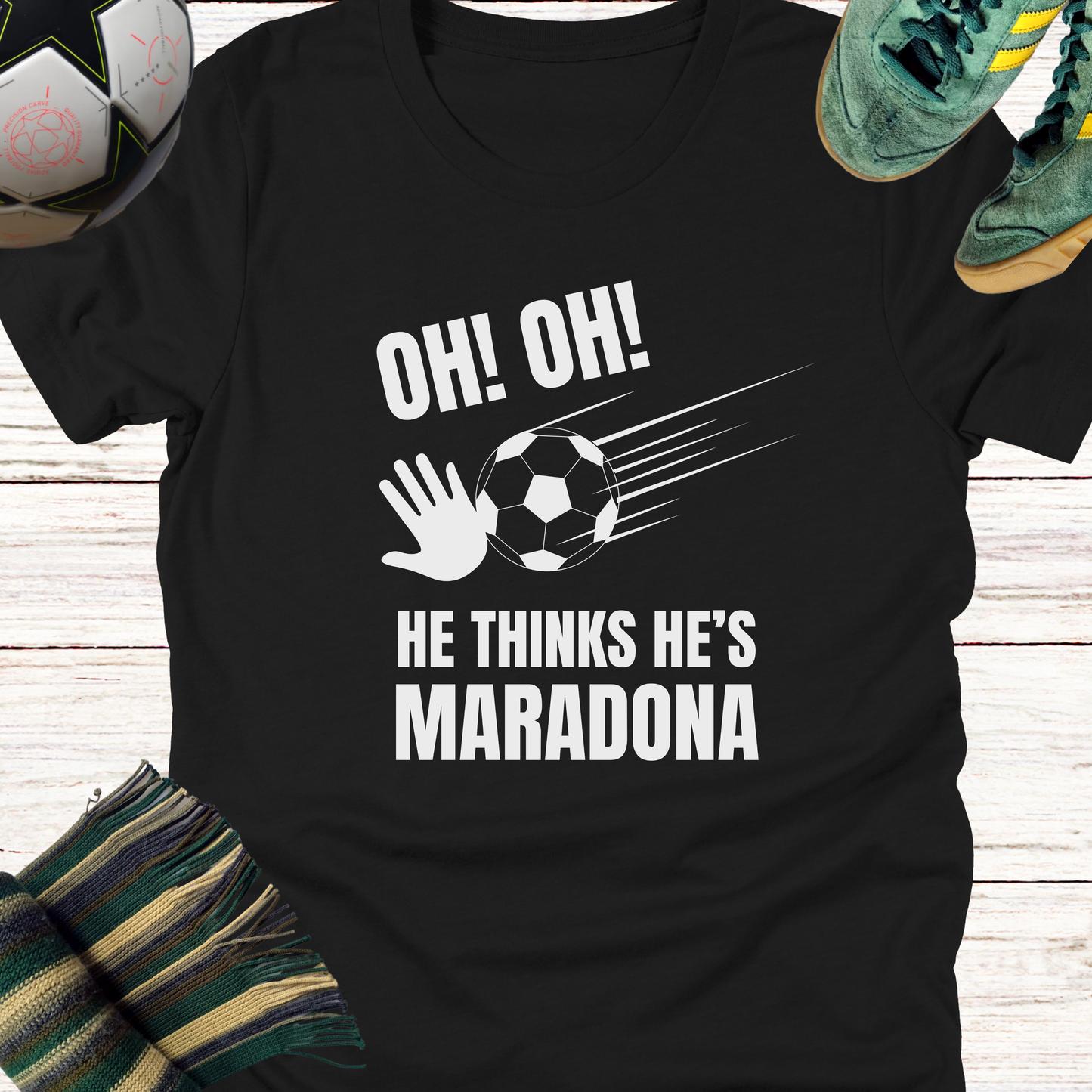 Celtic fans t-shirt | He thinks he's Maradona | Lightweight Unisex Bella Canvas 3001 tee for