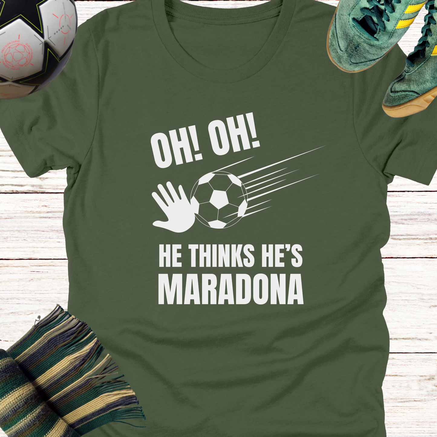 Celtic fans t-shirt | He thinks he's Maradona | Lightweight Unisex Bella Canvas 3001 tee for