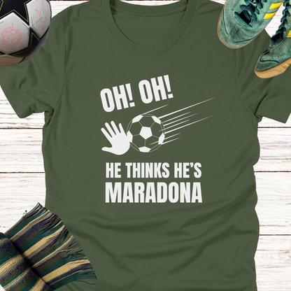Celtic fans t-shirt | He thinks he's Maradona | Lightweight Unisex Bella Canvas 3001 tee for