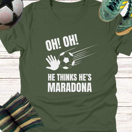 Celtic fans t-shirt | He thinks he's Maradona | Lightweight Unisex Bella Canvas 3001 tee for