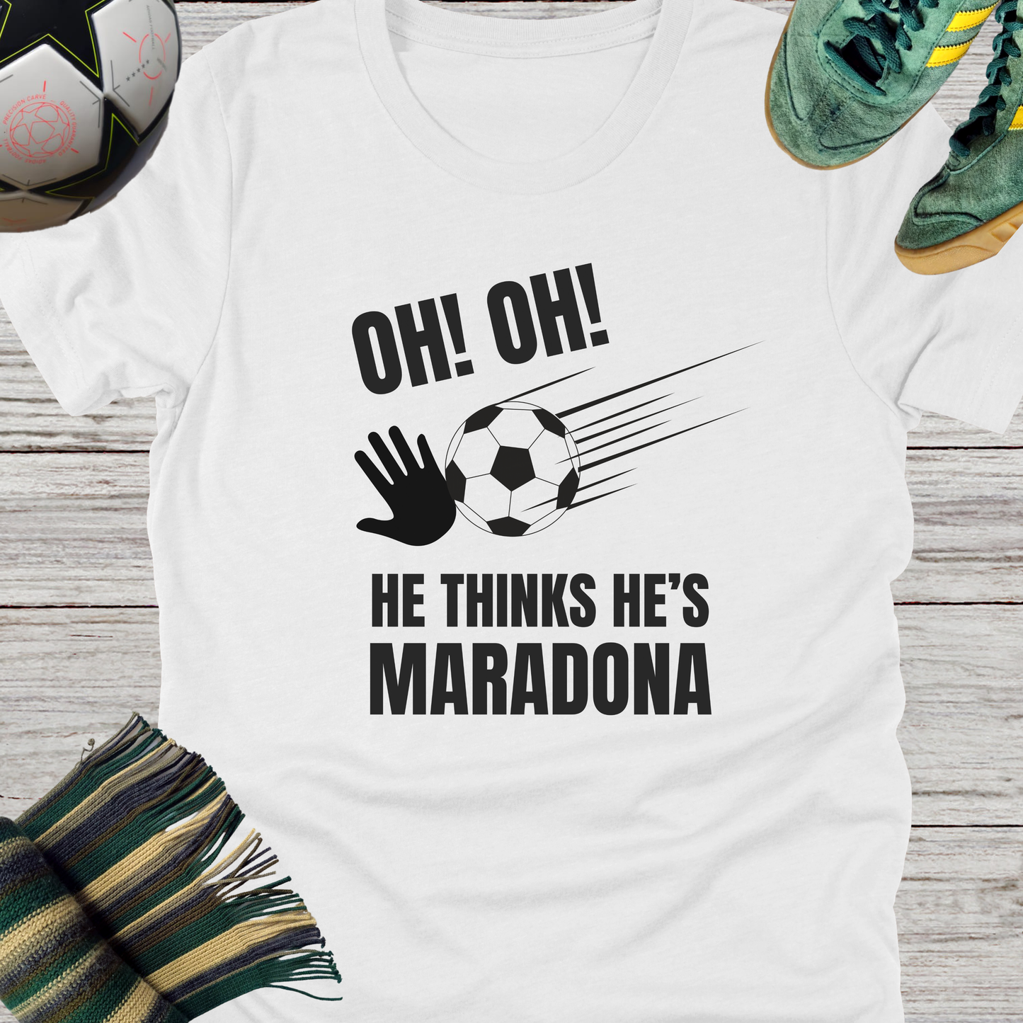 Celtic fans t-shirt | He thinks he's Maradona | Lightweight Unisex Bella Canvas 3001 tee for