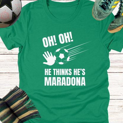 Celtic fans t-shirt | He thinks he's Maradona | Lightweight Unisex Bella Canvas 3001 tee for