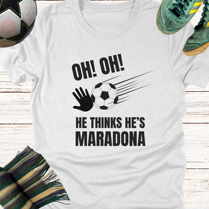 Celtic fans t-shirt | He thinks he's Maradona | Lightweight Unisex Bella Canvas 3001 tee for